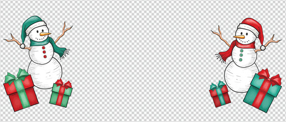 Christmas background December decoration celebration Christmas card. Snowmen with gift boxes. Xmas Design Isolated on Transparent Background.