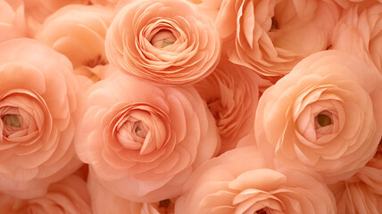 Close-up of Ranunculus flowers in the 2024 color Peach Fuzz. - obrazy, fototapety, plakaty