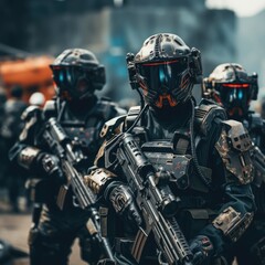 Futuristic Army soldier in Combat Uniforms with assault rifle, plate carrier and combat helmet, Special forces ready to fight Ai generated