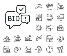 Auction sign. Floor plan, stairs and lounge room outline icons. Bid offer line icon. Raise the price up symbol. Bid offer line sign. House mortgage, sell building icon. Real estate. Vector