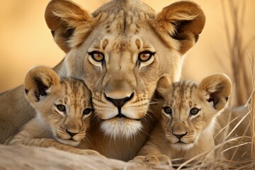 Obraz premium Nurturing Lioness her cubs sunset. Baby cat. Generate Ai