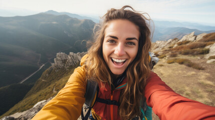 Naklejka na ściany i meble Young hiker beauty woman having fun taking selfie portrait on the top of mountain