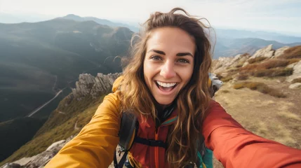 Fotobehang Young hiker beauty woman having fun taking selfie portrait on the top of mountain © BeautyStock