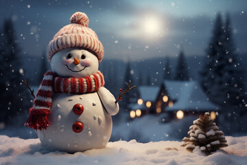 Festive Winter Scene with Falling Snowflakes and Snowman. Christmas Background.