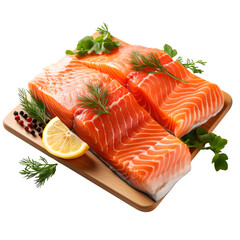 Salmon. Fresh raw salmon fish fillet with cooking ingredients, herbs and lemon isolated on transparent background Generative AI	

