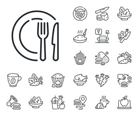 Tableware food plate sign. Crepe, sweet popcorn and salad outline icons. Dish line icon. Kitchenware fork and knife symbol. Dish line sign. Pasta spaghetti, fresh juice icon. Supply chain. Vector