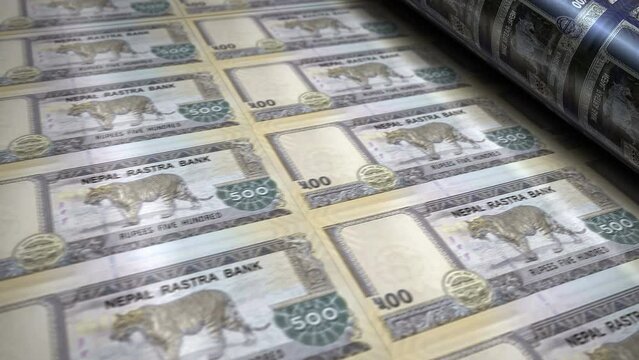 Nepal money Nepali rupees banknotes printing roll machine loop. Paper 500 NPR bank note print 3d looping seamless. Abstract concept of banking, finance, economy and crisis.
