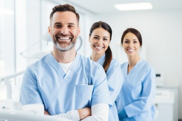 Cheerful dental doctors team in blue scrubs standing confidently in clinic