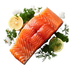 Salmon. Fresh raw salmon fish fillet with cooking ingredients, herbs and lemon isolated on transparent background Generative AI	
