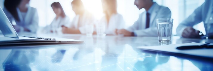 Blurred view of medical professionals in a bright conference room