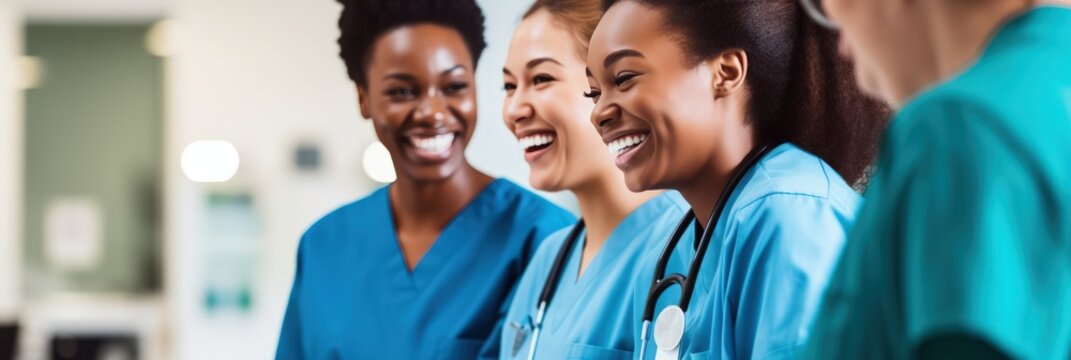 Group of multi-ethnic medical professionals laughing together in a hospital