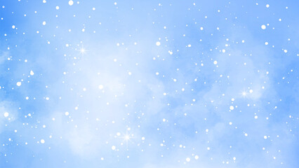 Snowfall background. Winter sky. Winter watercolor background with snowflakes. Blizzard. Winter season. Horizontal banner with copy space.