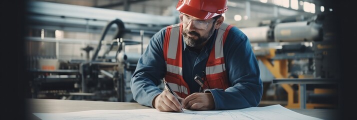 Concentrated engineer in hard hat reviewing technical plans in an industrial manufacturing workshop