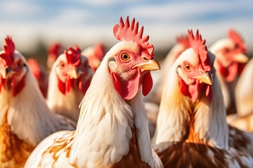 portrait of a white and brown chicken with a striking red comb, amidst a flock in golden daylight