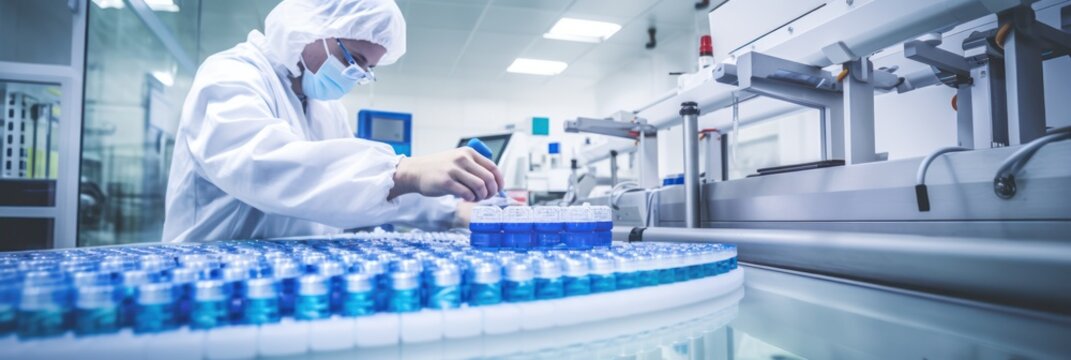 Pharmaceutical worker scrutinizing the production of blue bottled medical solutions in a lab