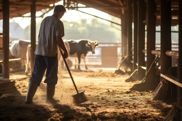 Worker sweeping hay in a sunlit cowshed, with dairy cows in the background - obrazy, fototapety, plakaty