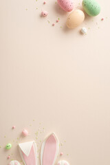 Capture the essence of Easter in this composition. Vertical top view of festive eggs, cute bunny ears, and playful sugar sprinkles on a pastel beige background—your text or ad fits seamlessly