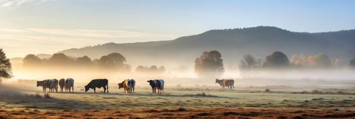 Cows in misty morning farm field with golden sunrise and autumn trees in background