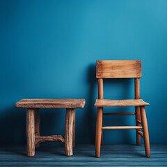 青い背景と手作りの木製小テーブルと椅子