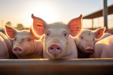 Young pigs peeking over a fence during a glowing sunset on the farm - obrazy, fototapety, plakaty