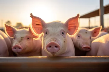 Fotobehang Young pigs peeking over a fence during a glowing sunset on the farm © olga_demina