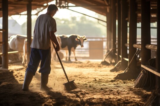 Worker sweeping hay in a sunlit cowshed, with dairy cows in the background