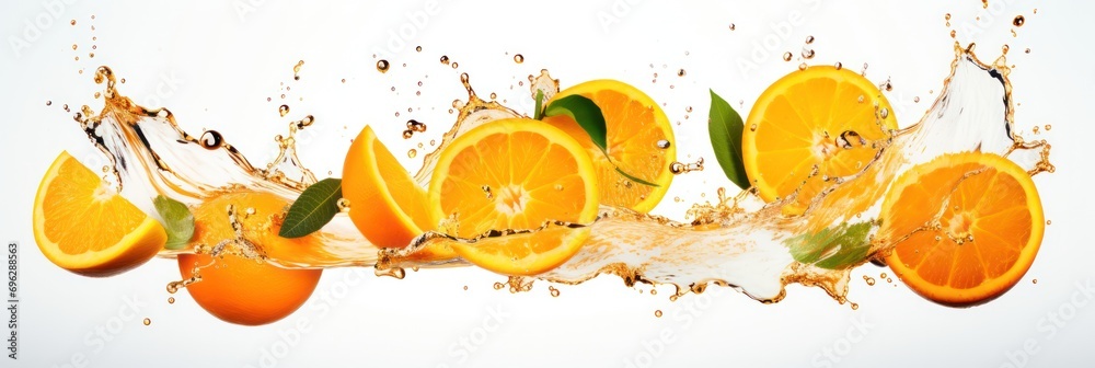 Poster sliced oranges with a vivid splash of juice, showcasing freshness and vitality on white backdrop