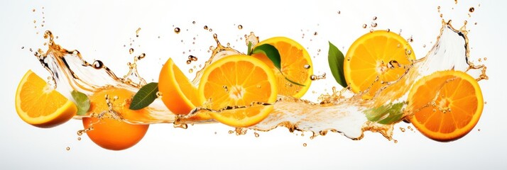 Sliced oranges with a vivid splash of juice, showcasing freshness and vitality on white backdrop