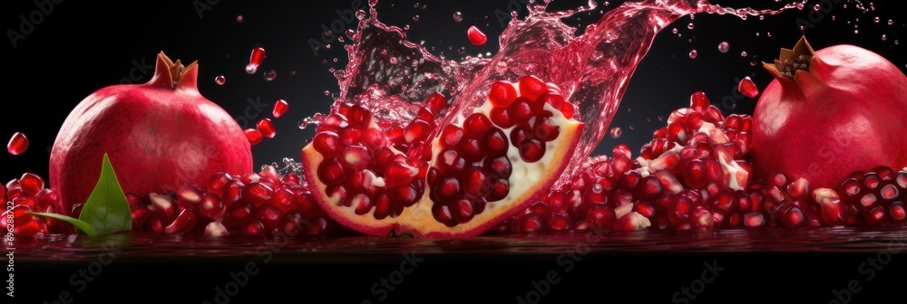 Poster pomegranate and seeds with a vibrant splash of juice on a dark background, detailed close-up