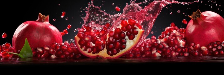 Pomegranate and seeds with a vibrant splash of juice on a dark background, detailed close-up