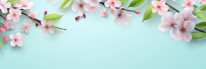 Fototapeta na wymiar Pink cherry blossoms arranged on a blue background, ideal for spring-themed designs