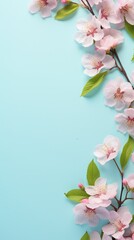 Cherry blossoms on a bright blue background with ample space for text
