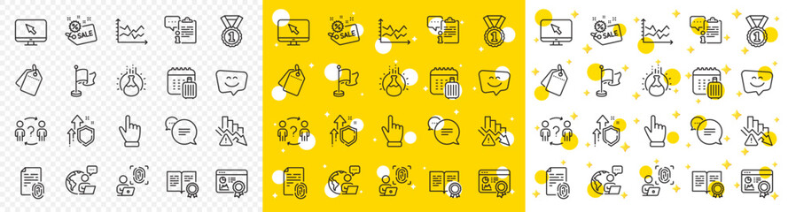 Outline Cursor, Internet and Outsource work line icons pack for web with Delegate question, Fingerprint, Deflation line icon. Baggage calendar, Clipboard, Seo certificate pictogram icon. Vector