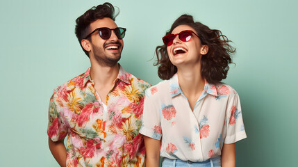 Portrait of a happy couple in studio wear a summer outfits