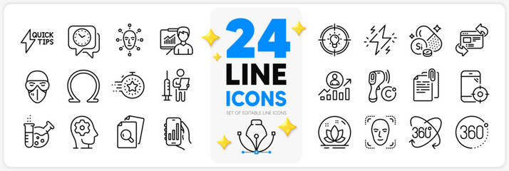 Icons set of 360 degrees, Full rotation and Timer line icons pack for app with Inspect, Seo phone, Idea thin outline icon. Career ladder, Document attachment, Presentation pictogram. Vector