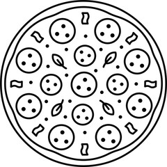 png, transparent, Vector whole tasty pizza Italian fast food line. Salami, peperoni. Delivery service fast food. Sketch icon with outline style.