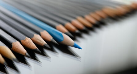 Blue pencil spy between black pencils segmentation closeup. Sexual minorities in society concept