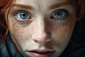 Close up portrait of red hair girl with freckles