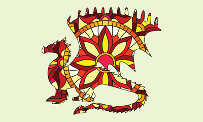 Colorful and black and white page for coloring book. Illustration of fantastic red dragon. Printable worksheet for children exercise book. Online education. Flat cartoon vector. Animals for kids.