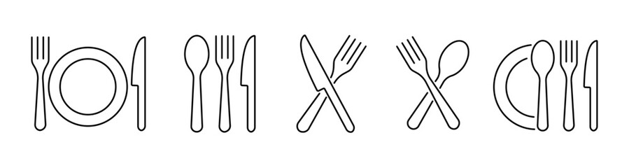 Fork, knife, plate and spoon. Menu symbol. Silverware icons. Black silverware icon. Vector illustration.