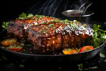 BBG ribs, dramatic studio lighting and a shallow depth of field, placed on a reflective black surface, hot steam. Ai Generated.NO.01