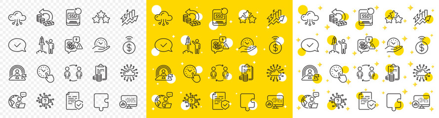 Outline Accounting, Report statistics and Puzzle line icons pack for web with Cloud computing, Cloud network, Stress line icon. Approved message, Contactless payment. Vector
