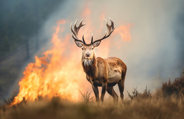 Close up of a red deer standing next to the wildfire
