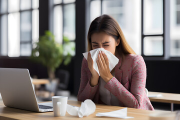 Frau niest am Arbeitsplatz in ein Taschentuch, Krankheit, Grippe, erstellt mit generativer KI - 696290728