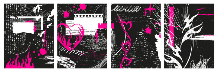 Set of punk rock scribble poster. Grunge texture, hand drawn doodle, splatters. Trendy vector illustration.
