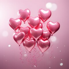 Pink heart-shaped balloons and confetti on a light background, space for your own content. Banner. New Year's party and celebrations.