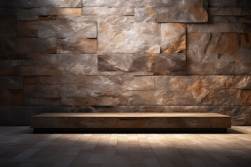 Unique interior concept with an abstract rustic grunge wall and stone granite podium, ideal for artistic product presentations and mockups.