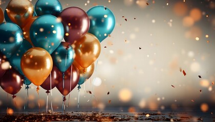 Gold, blue and red balloons in a blurry background with falling confetti.New Year's Eve white background, banner with space for your own content. - obrazy, fototapety, plakaty