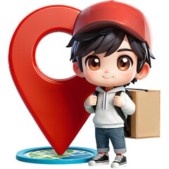 Deliveryman employee man wear red cap and grey t-shirt uniform workwear work as dealer courier hold cardboard box