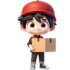 Delivery guy employee man wear red cap t-shirt uniform workwear work as dealer courier hold cardboard box